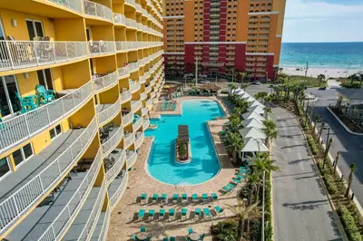 an aerial view of a resort with a swimming pool at Calypso 3 Luxury Beach Vacation Sleeps 6 in Panama City Beach