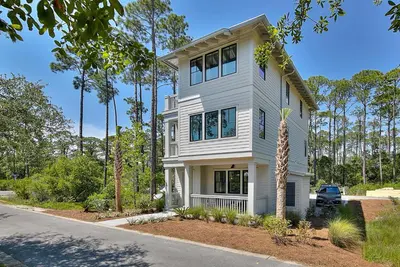 a white house with a palm tree at Rosie Disposition in Santa Rosa Beach