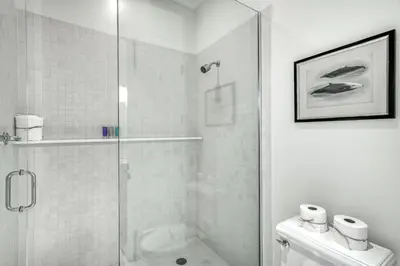 a white bathroom with a shower and a toilet at Rosemary Renaissance in Rosemary Beach