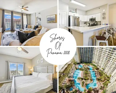 a collage of photos of a living room and kitchen with the words stay at Shores of Panama 2028 - Luxurious Gulf-Front 3 Bedroom 3 Bath Sleeps 10 condo in Panama City Beach