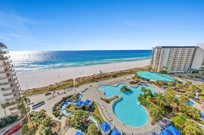 an aerial view of a resort with the beach at Edgewater Beach Resort - Tower I #1201 in Panama City Beach
