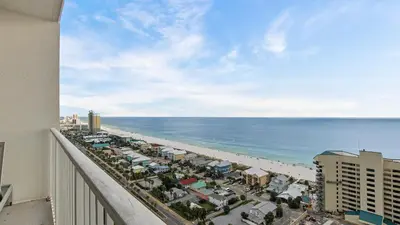 a view of the beach from the balcony of a condo at Nautical Breeze at Laketown Wharf #1911 by Nautical Properties in Panama City Beach