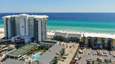 an aerial view of a hotel and the beach at Nautical Watch #D4 by Nautical Properties in Panama City Beach
