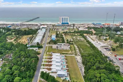 an aerial view of a city and the ocean at Pet Friendly Beach House - Sugary Sands by Panhandle Getaways in Panama City Beach