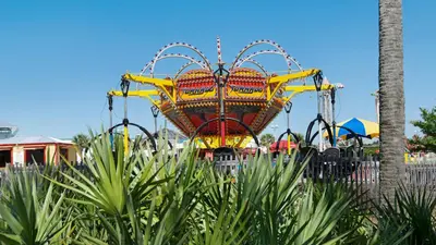 a carnival ride at a theme park with a palm tree at A Salty Cru in Panama City Beach