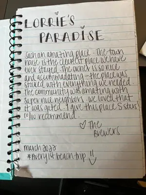 a notebook with handwriting on it at Beach access close to Walmart, Bowling,skating and Game room in Panama City Beach