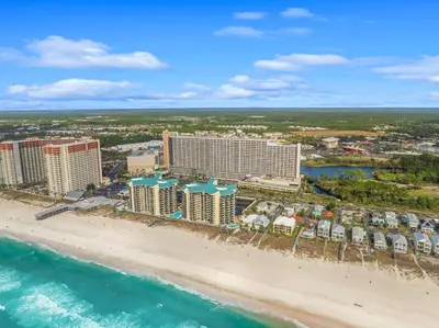 an aerial view of the resort and the beach at Laketown Wharf #1628 by Nautical Properties in Panama City Beach