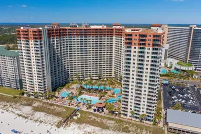 an aerial view of a resort with a pool at Shores of Panama 2025 - 1 Bedroom Bunks Sleeps 6, Reserved Parking, Free Fun! condo in Panama City Beach