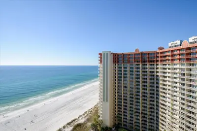 a view of a building and the beach at Shores of Panama 2025 - 1 Bedroom Bunks Sleeps 6, Reserved Parking, Free Fun! condo in Panama City Beach