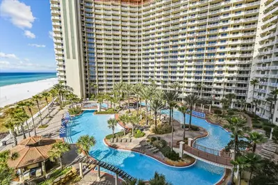 an aerial view of the pool at the resort with the beach at Shores of Panama 1717 - 1 Bedroom Bunk room Sleeps 6, Gulf-Front with Oversized Balcony! condo in Panama City Beach