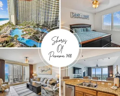 a collage of photos of a hotel room at Shores of Panama 1418 - 2 BedroomBunkroom Sleeps8! Updated with a View! Free Fun! condo in Panama City Beach