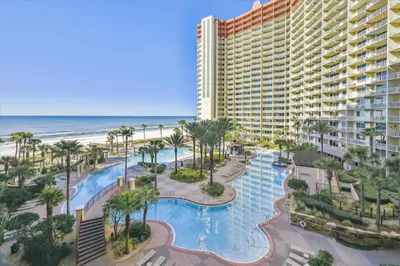 an aerial view of a resort with a pool and the beach at Shores of Panama 521 - 2 Bedroom Bunks Sleeps 6, Reserved Parking! condo in Panama City Beach