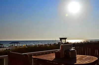 a table on a balcony with a view of the beach at Shores of Panama 314 - 1 BdBunks, Sleeps 6, Same Level Parking, Free Fun! condo in Panama City Beach