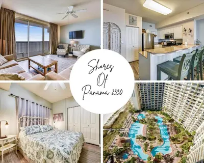 a collage of photos of a hotel room with the words stay of panama at Shores of Panama 2330 - 1 Bedroom Bunk Area Sleeps 6, Beautiful Direct Beach View! Free Fun! condo in Panama City Beach