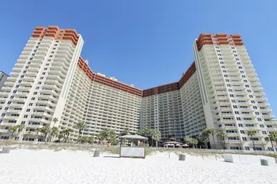 two large buildings on the beach with a beachaza at Shores of Panama 1807 -Fantastic 2BdBunks, Sleeps 8! Reserved Parking! Free Fun condo in Panama City Beach
