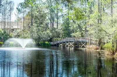 a fountain in the middle of a pond with a bridge at Cassine Gardens 112- 30A Imagine Ocean in Santa Rosa Beach