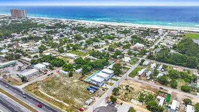 an aerial view of a city and the ocean at Pet Friendly Beach House - Totally Beachin by Panhandle Getaways in Panama City Beach