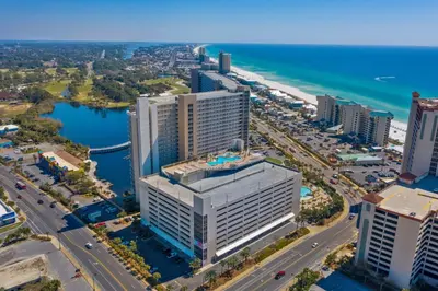 an aerial view of a city and the ocean at Laketown Wharf #1006 by Nautical Properties in Panama City Beach