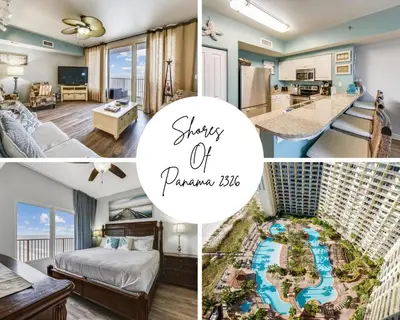 a collage of photos of a hotel room with the words stay of panama at Shores of Panama 2326 - 1 Bedroom Bunks Sleeps 6, Reserved Parking! condo in Panama City Beach