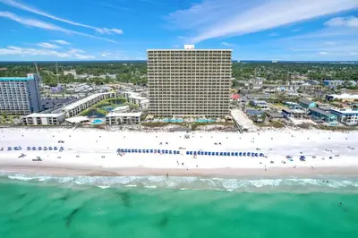 an aerial view of a beach with a resort at Gulfcrest 206 in Panama City Beach