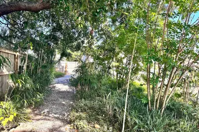 a garden with some trees and a fence at Shipwrecked - Private Pool Home, Game Room, 5 Min to Beach, Pets OK, & More! in Panama City Beach