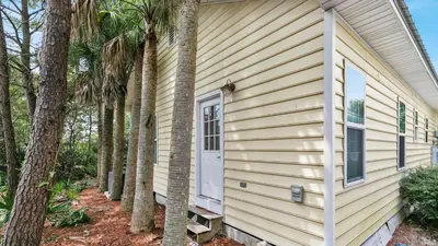 a house with a white door next to some trees at Luna Sea - Is a short walk to the beach and close to Seaside in Santa Rosa Beach