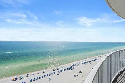 a view of the beach from the top of a building at Twin Palms Beach Resort by Panhandle Getaways in Panama City Beach