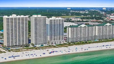 an aerial view of a beach with tall buildings at Twin Palms Beach Resort by Panhandle Getaways in Panama City Beach