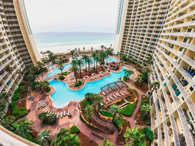 an aerial view of the pool at the paradiso resort at Updated Beach Condo at the Shores of Panama Condos - Unit 918 in Panama City Beach