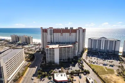 an aerial view of a city with the ocean at Updated Beach Condo at the Shores of Panama Condos - Unit 918 in Panama City Beach