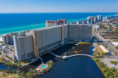 an aerial view of a resort near the ocean at Penthouse Perfection at Laketown Wharf #2127 by Nautical Properties in Panama City Beach