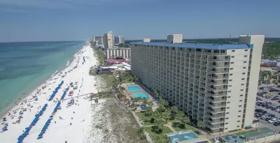 an aerial view of a beach with a large building at Oceanfront Condo #629 at Summit Beach Resort in Panama City Beach