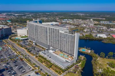 an aerial view of a large hotel building at Laketown Wharf #1106 by Nautical Properties in Panama City Beach