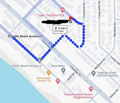 a map of the tulse beach access road with a blue break access spot at Beachside Bliss - Breakfast, Walk to Schooners, Sleeps 15, Fenced Privacy in Panama City Beach