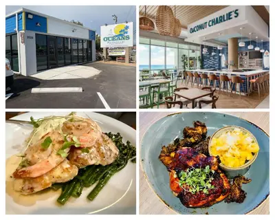 a collage of four pictures of food in a store at Beachside Bliss - Breakfast, Walk to Schooners, Sleeps 15, Fenced Privacy in Panama City Beach
