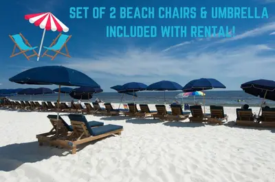 a group of beach chairs and umbrellas on the beach at Emerald Beach Resort 2235 in Panama City Beach