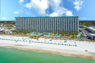 an aerial view of the resort from the beach at The Summit 725 in Panama City Beach