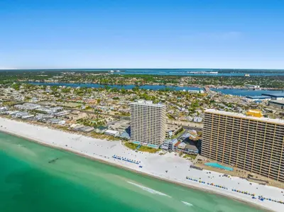 an aerial view of a resort and the beach at Seychelles #703 by Nautical Properties in Panama City Beach