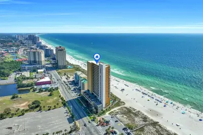 an aerial view of a beach and the ocean at Sterling Reef 1802B in Panama City Beach