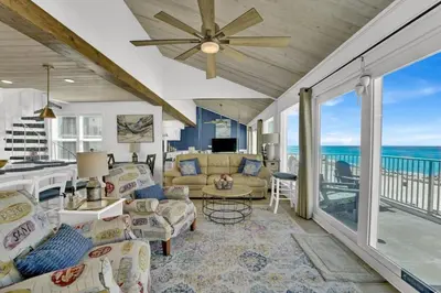 a living room with a view of the ocean at Luxury Top-Floor Gulf-View Condo w/ Bunkroom & Balcony in Panama City Beach