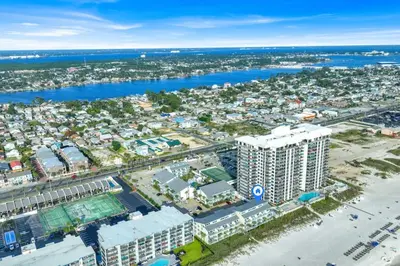 an aerial view of a city and the ocean at Luxury Top-Floor Gulf-View Condo w/ Bunkroom & Balcony in Panama City Beach