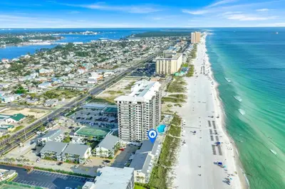 an aerial view of a beach and the ocean at Luxury Top-Floor Gulf-View Condo w/ Bunkroom & Balcony in Panama City Beach