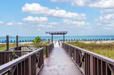 a boardwalk leading to the beach with people walking on it at Shores Of Panama #0323 in Panama City Beach
