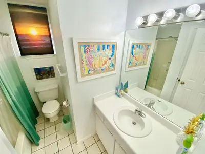 a bathroom with a sink and a toilet and a mirror at Venture Out 332 Lagoon Ln WITH 2 GOLF CARTS in Panama City Beach