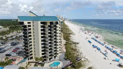 an aerial view of a hotel and the beach at Fun N The Sun at Sunbird #1102W by InJoy Vacations in Panama City Beach