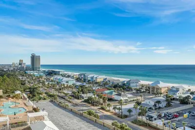 an aerial view of the beach and the ocean at Laketown Wharf #1014 in Panama City Beach