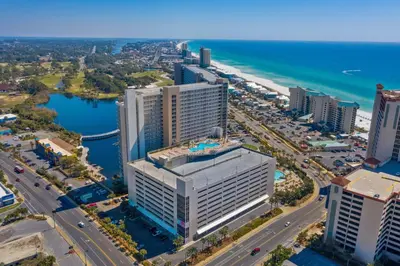 an aerial view of a city and the ocean at Laketown Wharf #0201 in Panama City Beach