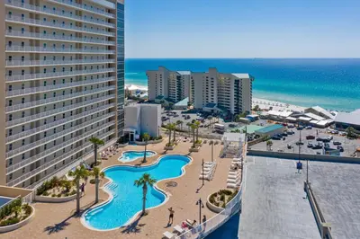 an aerial view of a resort with a pool and beach at Laketown Wharf #2030 in Panama City Beach