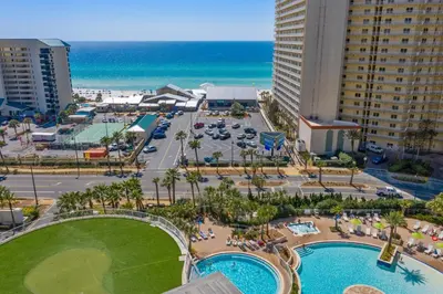 an aerial view of a resort with two pools at Laketown Wharf #0932 in Panama City Beach