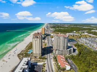 an aerial view of the beach and buildings at Grand Panama #1-1308 in Panama City Beach